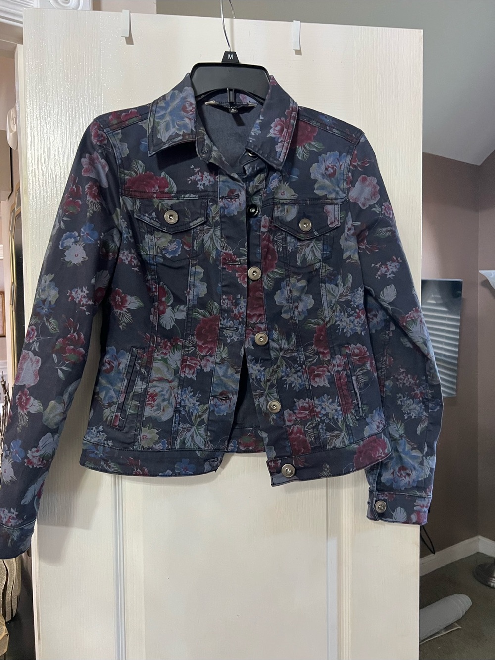 Floral Print Women's Denim Jacket - Dark Navy